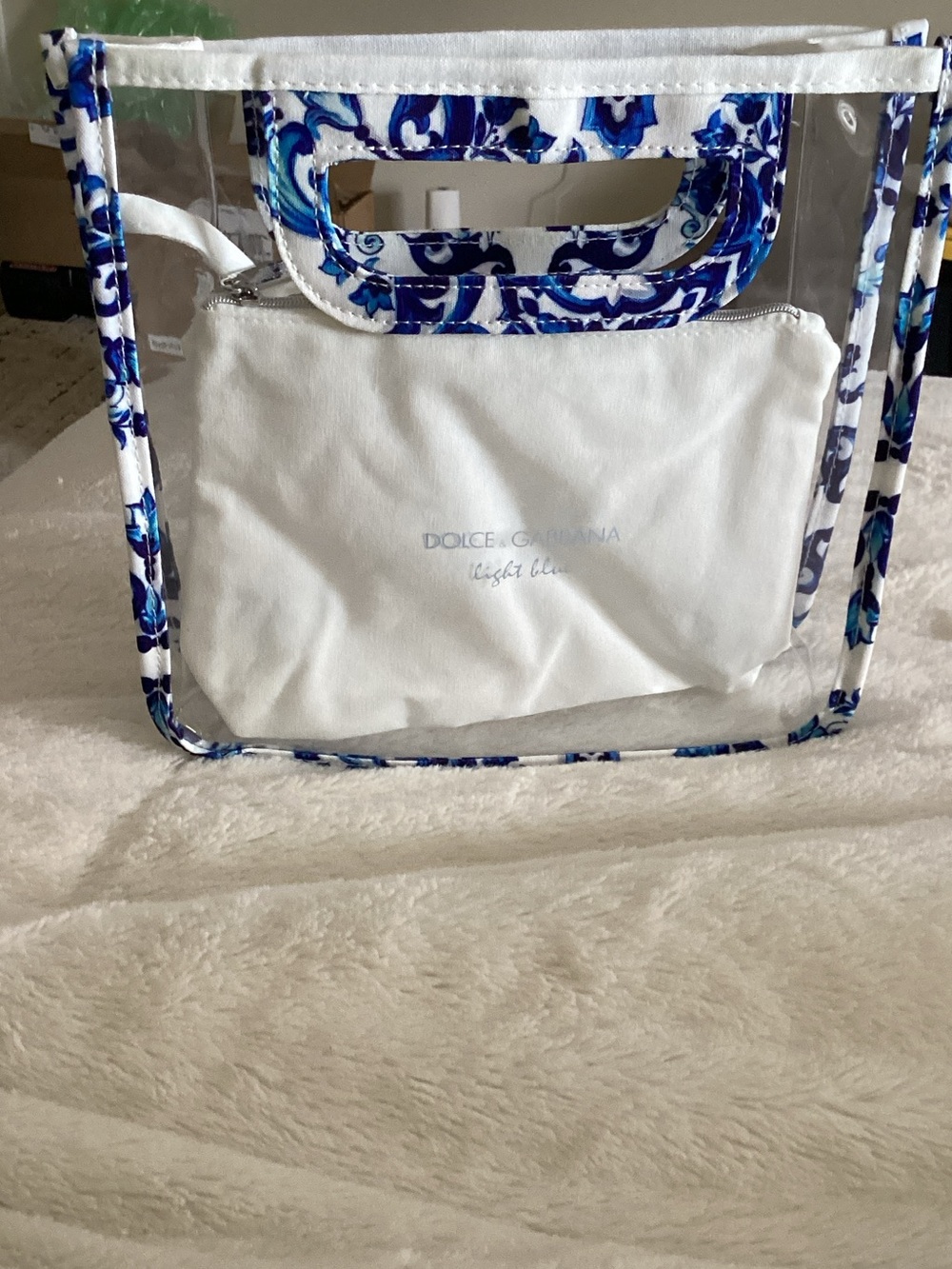 Dolce & Gabbana Clear Clutch with Blue Floral Trim and attached white pouch